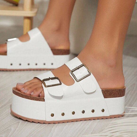White Fashionable Women's Fashion Solid Color Wedge Heel Thick Bottom Sandals - Picture 3 of 5
